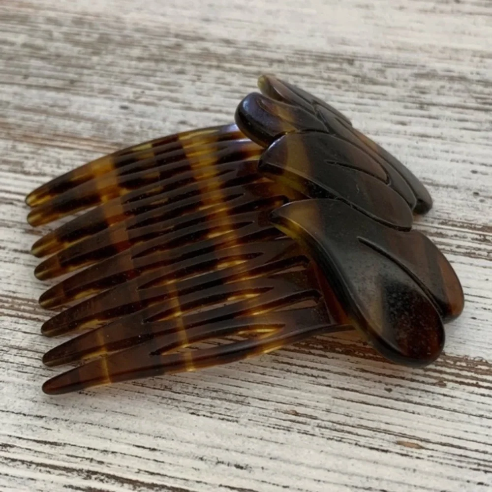 Vintage Signed France Faux Carved Tortoise Shell Celluloid Designer Hair Comb